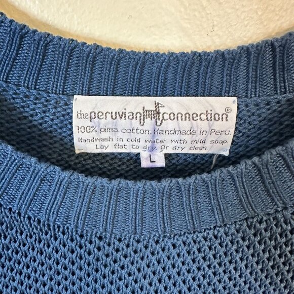 PERUVIAN CONNECTION Pima Cotton Teal Blue Crew Neck Pullover Sweater Large - Picture 3 of 9